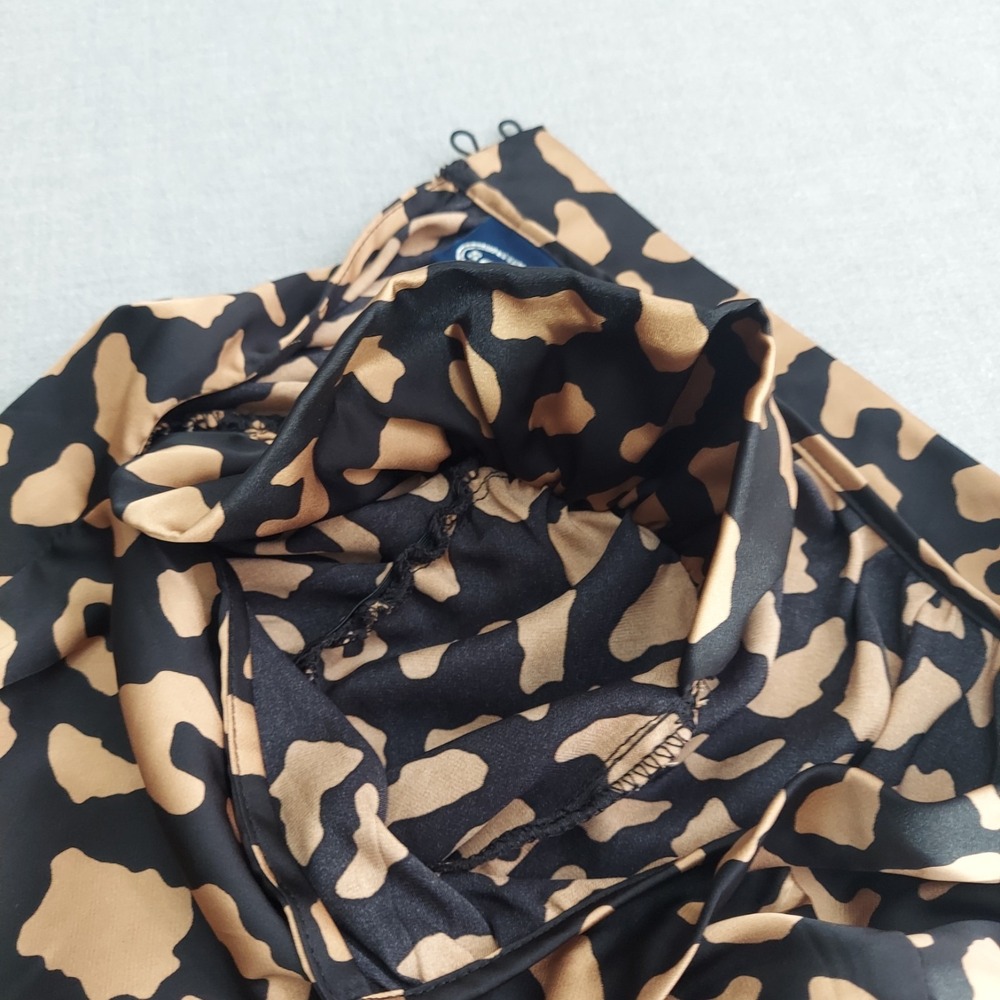 Womens M Animal Print Blouse Mock Neck Ruched‎ Sleeve Top Structured Office Chic - Picture 14 of 16
